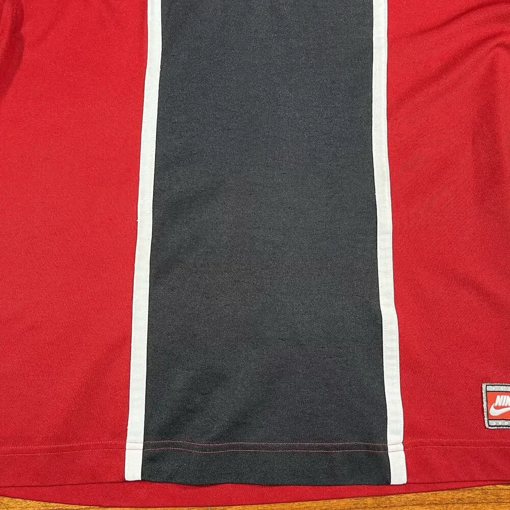 VTG 90s Nike Soccer Jersey Red Black Center Stripe Swoosh Mens L